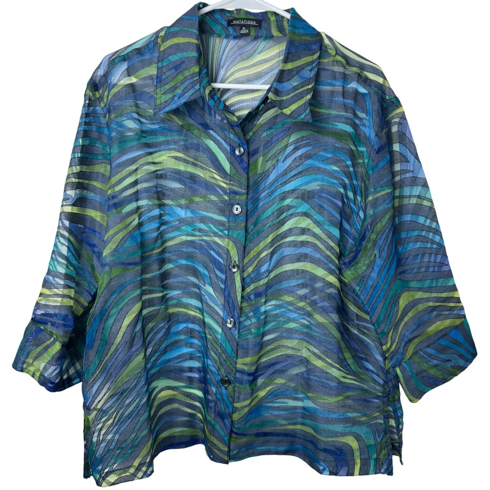 Notations Button Down Top Womens XL Blue Green Abstract Sheer Burnout MLBB0039